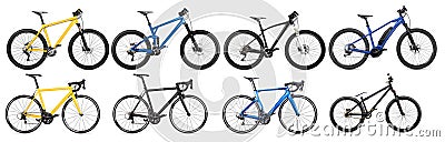 Set collection of various bicycle models and e bike. yellow black and blue mountain bike, racing sport carbon cycle, enduro full Stock Photo