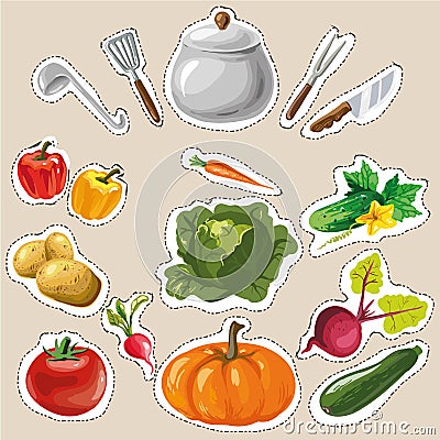 Set collection with vegetables stickers patches fashion badges Vector Illustration