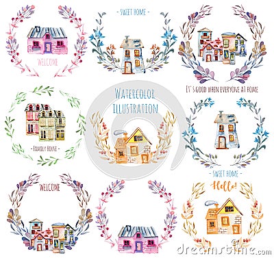 Set, collection of watercolor cartoon houses inside the floral wreaths Stock Photo