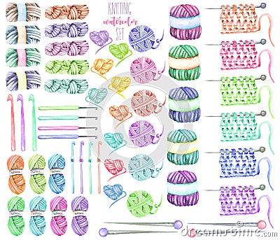 Set, collection with watercolor knitting elements: yarn, knitting needles and crochet hooks Stock Photo