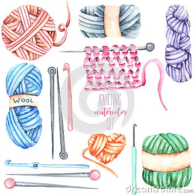 Set, collection with watercolor knitting elements: yarn, knitting needles and crochet hooks Stock Photo