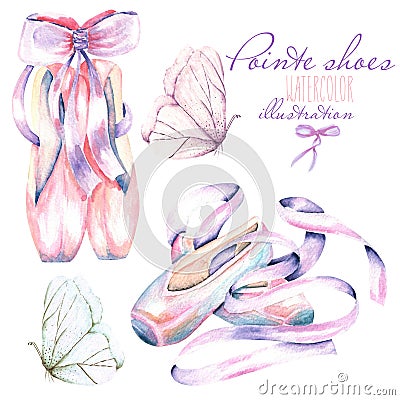 Set, collection of watercolor pointe shoes and butterflies illustration Cartoon Illustration