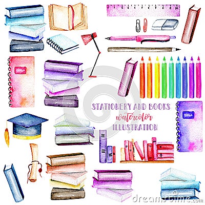 Set, collection of watercolor stationery objects Stock Photo