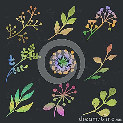 Set of color branch silhouettes on black Vector Illustration