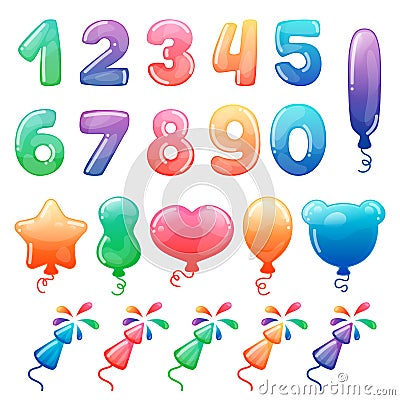 Set of color cartoon numbers, balloons and fireworks. Rainbow candy and glossy funny cartoon symbols. Collection of Vector Illustration