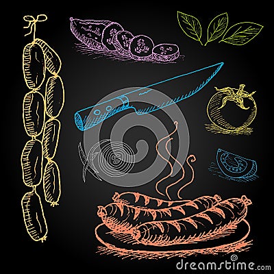 Set of color chalk drawn on a blackboard food Vector Illustration
