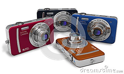 Set of color compact digital cameras Stock Photo