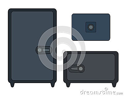Set of color contour safes of various shapes. Recessed and portable safes. Security and protection of values. Vector object Vector Illustration
