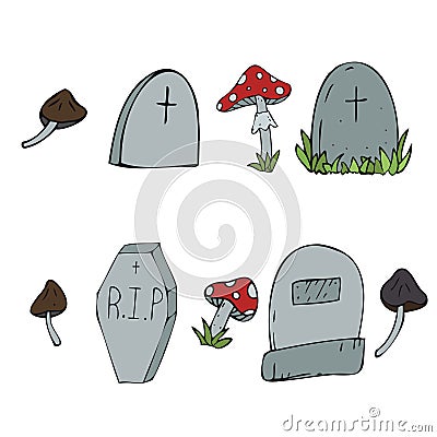 Set of color doodles, graves and mushrooms, vector decorative element, color illustration for Halloween Vector Illustration