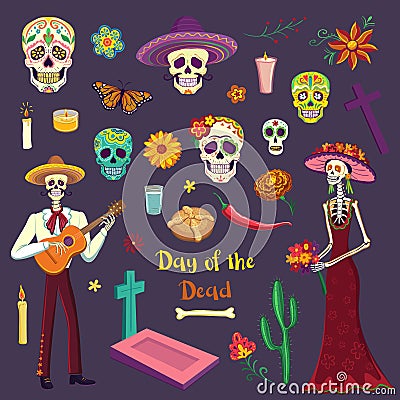 Set of color drawings Day of the Dead. Mexican symbols Vector Illustration