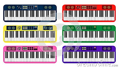 Set of color flat style vector piano roll analog synthesizer faders buttons knobs display on white background Vector Illustration
