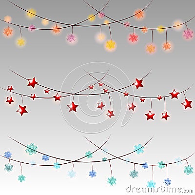 Set of color garlands, Christmas decorations lights effects on grey background. Vector Illustration