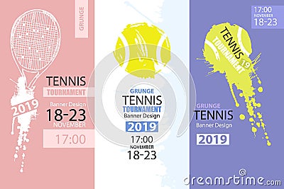 Set of color grunge designs of banners for tennis. Sketch tennis racket, dirty ball Vector Illustration