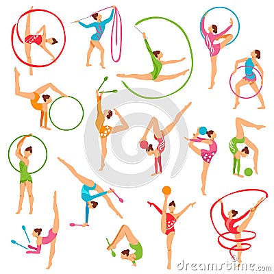 Set Of Color Gymnast Girl Figures Vector Illustration