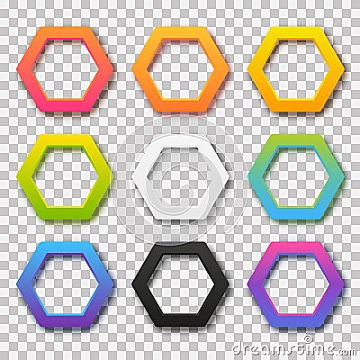 Set of color hexagonal frames with shadows on transparent background for Your vibrant design Vector Illustration