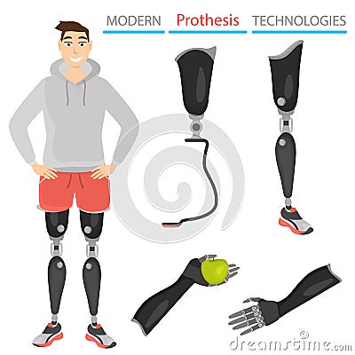 Set of color icons of prostheses and artificial parts of the body. Guy with leg prostheses illustration Cartoon Illustration