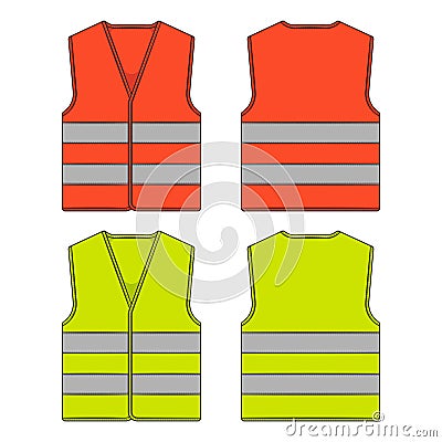 Set of color illustration with protective vest with reflective stripes. Isolated vector objects. Vector Illustration