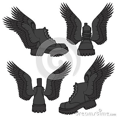 Set of color illustrations of black boots with wings. Isolated vector objects. Vector Illustration