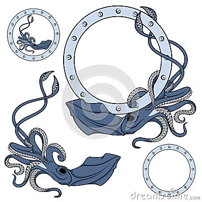 Set of color illustrations in blue with squid. Isolated vector objects. Vector Illustration