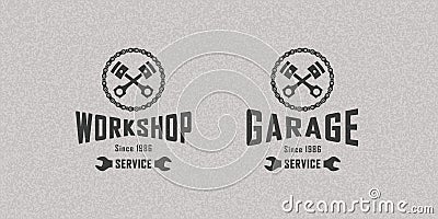 Set of color illustrations of a chain, piston, wrench and text on a background with a texture. Vector Illustration