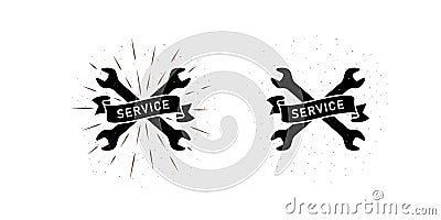 Set of color illustrations of crossed wrenches, ribbon with text, rays on a white background. Vector Illustration