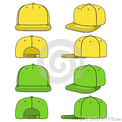 Set of color images of a rapper cap with a flat visor, snapback. Isolated vector objects. Vector Illustration