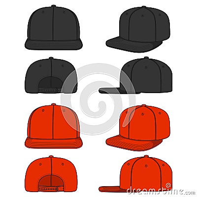 Set of color images of a rapper cap with a flat visor, snapback. Isolated vector objects. Vector Illustration