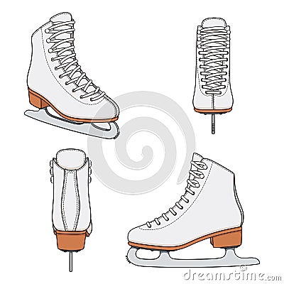 Set of color images with white skates for figure skating. Isolated vector objects. Vector Illustration