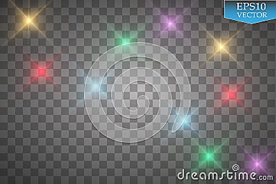 Set of color lights, flares on transparent background. Vector Illustration