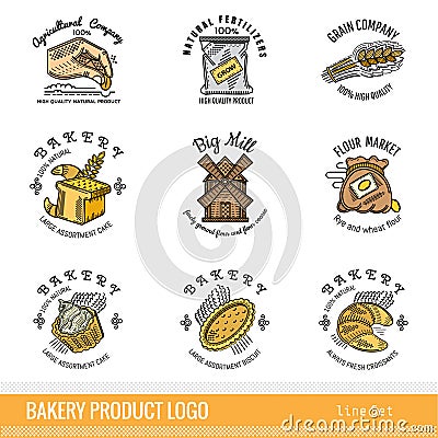 Set of color line logo for grain, flour, agricultural company and bakery isolated Stock Photo
