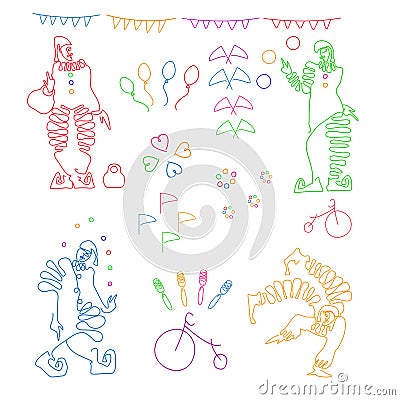 Set of color linear illustrations of four clowns and circus attributes. Vector Illustration