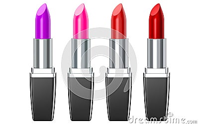 Set of color lipsticks. Red lipstick, pink lipstick, wine lipstick. Red lipstick set on white background ,3D render. Stock Photo