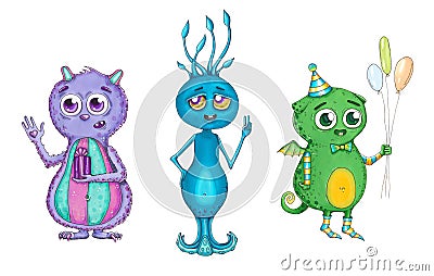 Set with color and lovely monsters with big eyes Cartoon Illustration
