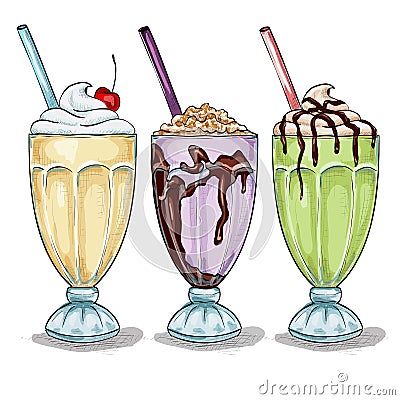 Set color milk shake cocktails Vector Illustration