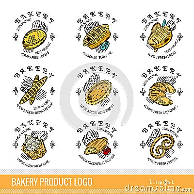 Set of color outline kind bakery product logo. Labels for different bread isolated Vector Illustration