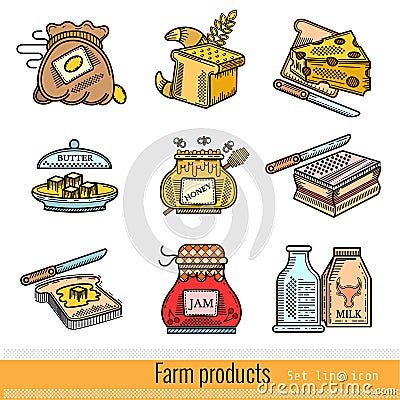 Set of Color Outline Web Icon. Farm products Vector Illustration