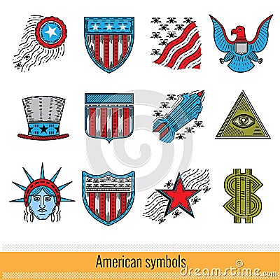 Set of Color Outline Web Icon. Symbols of America USA Vector Illustration