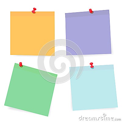 Set of color paper sheets with pins isolated on background. Vector Illustration