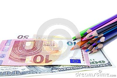 A set of color pencils and money.A School stuff.Drawing supplies Stock Photo