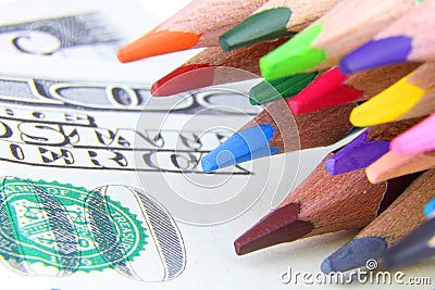 A set of color pencils and money.A School stuff.Drawing supplies Stock Photo