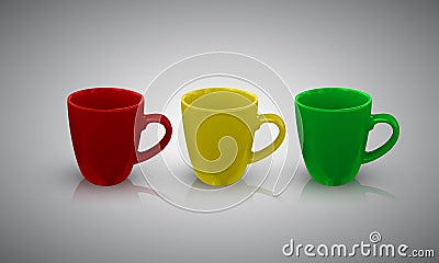 Set of color porcelain cup with reflection and shadow isolated on background. illustration Stock Photo