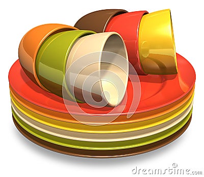 Set of color porcelain plates and coffee cups Stock Photo