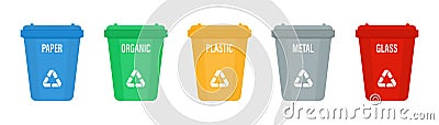 Set of color recycle garbage bins different types of waste. Bin with recycle symbol for plactic ,organic ,metal ,paper and glass Vector Illustration