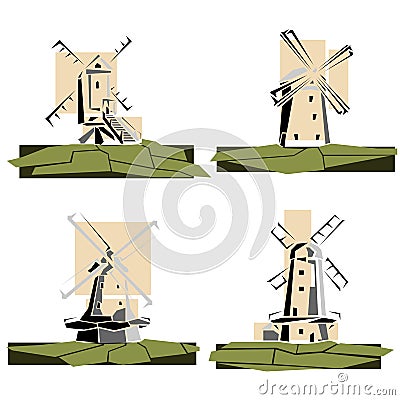 Set of color simple windmills badges. Vector Illustration