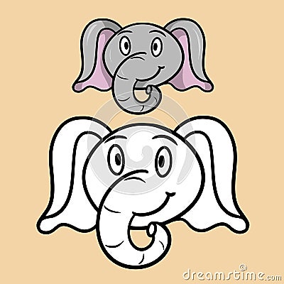 A set of color and sketch pictures, a coloring book. Cute little elephant, cartoon elephant emotions, vector Vector Illustration