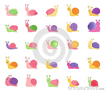 Set of Color Snail Icons isolated on white background Vector Illustration