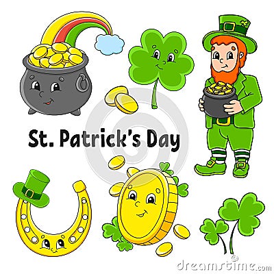 Set of color stickers for kids. Leprechaun with a pot of gold, gold coin, clover, magic rainbow, horseshoe. St. Patrick `s Day. Vector Illustration