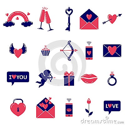 Set of simple colored valentine`s day symbols on white background. Vector Illustration