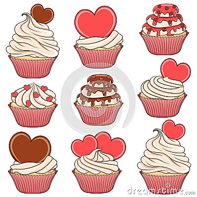 Set of color vector cupcakes with hearts. Vector Illustration