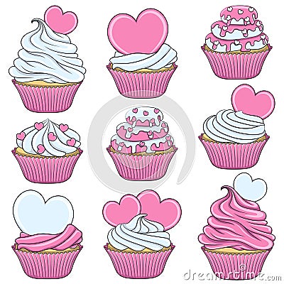 Set of color vector cupcakes with hearts. objects. Vector Illustration